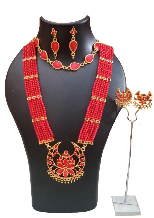 Assamese_Traditional_Gold_Plated_Red_Colour_Combo_Jewellery_Set_For_Women